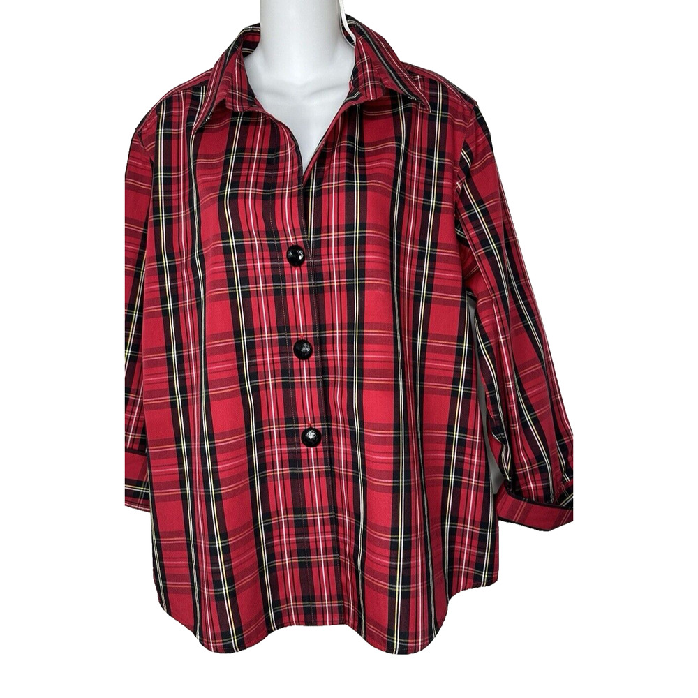 Foxcroft Red Tartan Plaid Wrinkle‎ Free Shaped Fit 3/4 Blouse Shirt Top Size 18